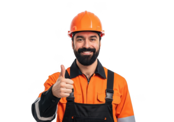 A smiling construction worker wearing an orange hard hat and safety vest gives a thumbs up gesture isolated on transparent background