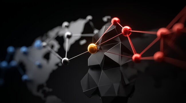 Globe with a red and yellow ball in the middle. The globe is surrounded by a network of lines - Powered by Adobe