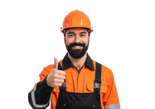 A smiling construction worker wearing an orange hard hat and safety vest gives a thumbs up gesture isolated on transparent background