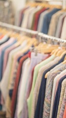 Blurred view of colorful clothes hanging on a rack. Represents shopping, fashion retail, or wardrobe organization. Ideal background for store promotions.
