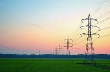 Row of huge steel power line pylons stretch across vast green agricultural field. High voltage electricity wires transmit power, energy to rural areas at beautiful sunset. Sky shows blue orange pink