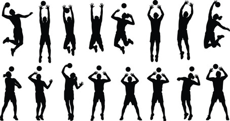 Volleyball player silhouette collection in action poses, dynamic sports movement, black icons, athletic skill, jump, spike, serve, block