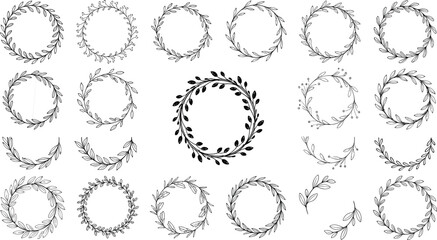 Decorative wreath silhouette collection with leaf motifs, circular botanical frames, black icons, design elements, logo border, invitation art