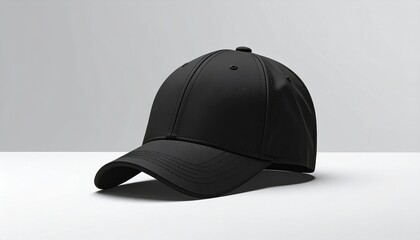 Black baseball cap on white background.