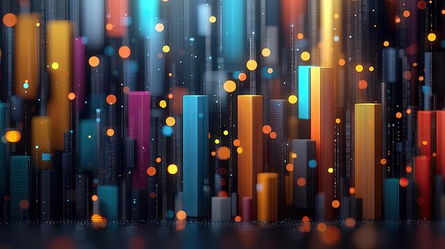 An abstract digital art piece featuring colorful bar graphs and bokeh effects, representing data visualization and digital information.
