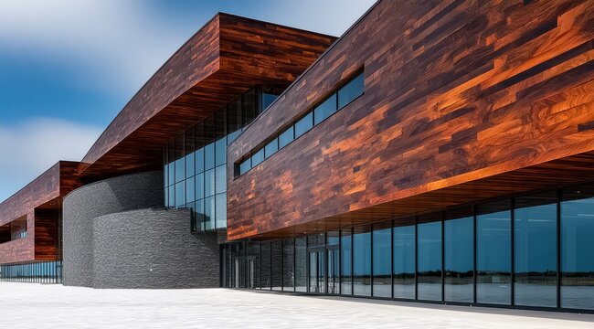 Large building with a lot of windows and a curved roof. The building is made of wood and has a modern design