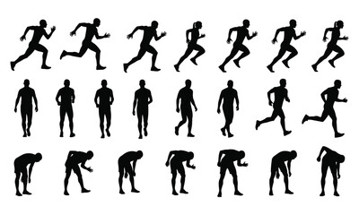 Running fatigue silhouette icon set, black vector athlete motion sequence, sprint walk exhaustion poses, sports anatomy illustration