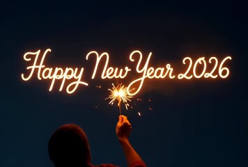 Person holding sparkler underneath glowing happy new year greeting - Powered by Adobe