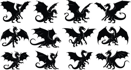 Dragon silhouette icon set, black vector fantasy creatures, winged mythological designs, flying crouching upright poses, monster illustration pack