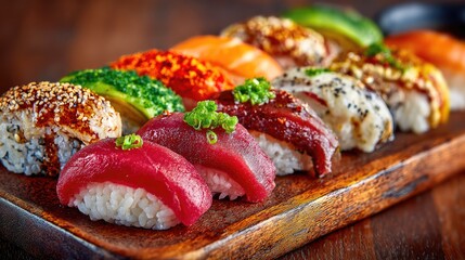 Colorful Assortment of Fresh Sushi Rolls and Nigiri on Wooden Serving Board