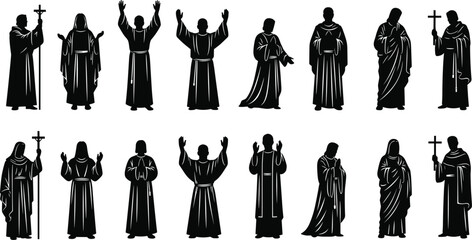 Religious figure silhouette icon set, black vector monks priests in robes, prayer worship poses, spiritual ceremony illustration
