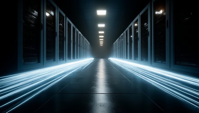 Long hallway with a blue light shining down on it. The light is creating a sense of movement and energy