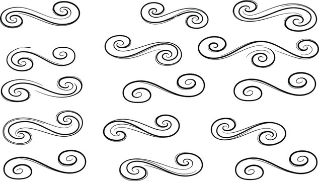 Decorative swirl icon set, black vector flourishes, symmetrical line art, elegant ornament design, typography embellishment, graphic motif collection