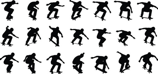Skateboarder silhouette sequence, black vector stunts, dynamic motion poses, extreme sports illustration, trick action set, athletic movement art