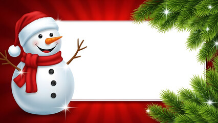 Cute snowman wearing santa hat and red scarf with blank white frame and green pine branches on red starburst background