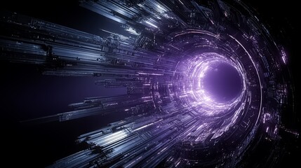 Purple tunnel with a bright light shining through it. The tunnel is surrounded by a lot of blue and white structures