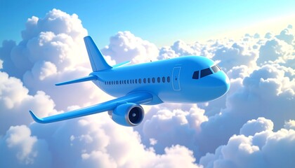 Blue airplane soaring through fluffy clouds.