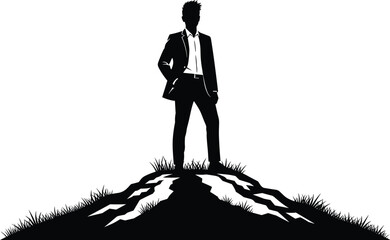 Businessman silhouette on hilltop, leadership concept, success achievement, confident pose, career growth, motivational vector, goal reached, black white art