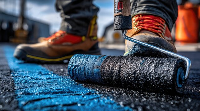 Worker Painting Road Markings with Roller and Safety Boots