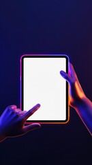 Futuristic neon tablet interaction with blank screen in vibrant lighting