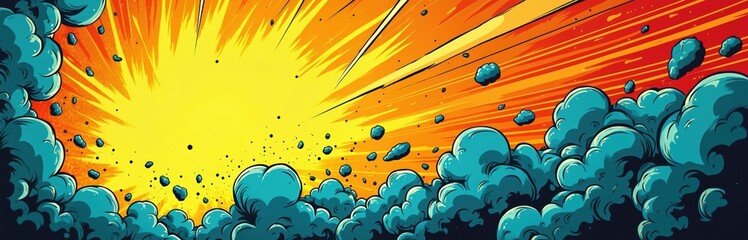 Fototapeta premium Explosion blast with yellow energy burst and blue smoke clouds. Comic book style action graphic with debris floating in air. Dynamic background with radial lines and abstract shapes.