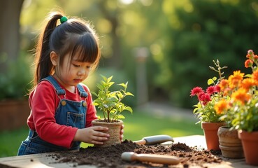Little asian girl planting flowers in garden. Child plays with plants outside house. Kid enjoys gardening at sunny day. Earth day concept. Eco friendly kid activity.