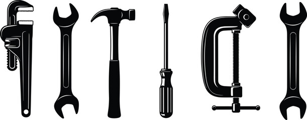 Hand tool icon set, black and white silhouettes, wrench, hammer, screwdriver, clamp, DIY equipment, construction, repair illustration