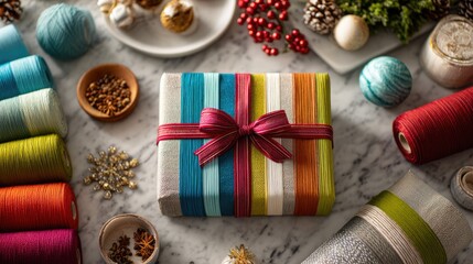 Colorful Crafting Threads and Holiday Gift Wrapped in Bright Decorative Ribbon
