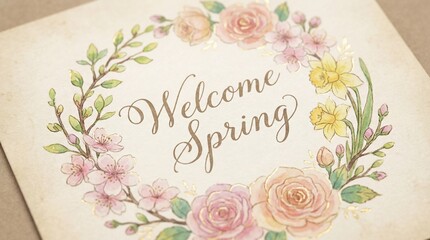 Close up of a greeting card with watercolor floral wreath and text Welcome Spring. Gentle and warm design for seasonal celebration. Perfect for invitations and postcards.