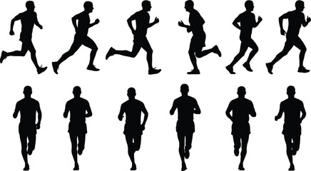 Running motion icon set, black and white athlete silhouettes, side and front view, sports biomechanics, dynamic posture illustration grid