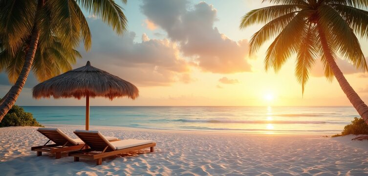 Empty sunbeds on sandy beach with palm trees at sunset. Two lounge chairs under umbrella at idyllic ocean shore. Tropical paradise for summer vacation, honeymoon relaxing travel getaway. Peaceful