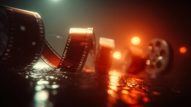 Roll of film is shown in a dark room with a bright light shining on it. The film is curled up and he is in motion