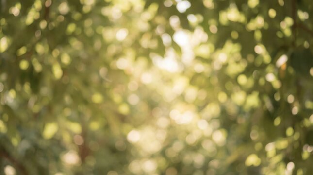 Blurred green foliage with bright sunlight spots creating soft bokeh. Natural abstract background scene suitable for summer, spring, or eco design concepts and wallpapers.