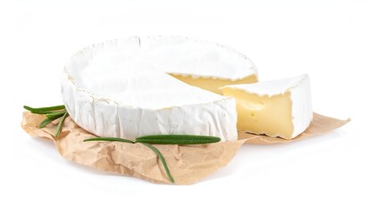 Brie Cheese Wheel with a Slice on white.