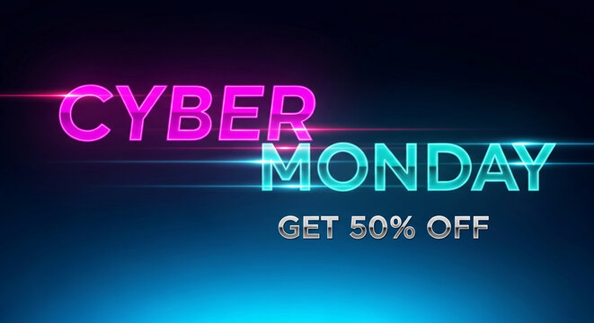 Neon text Cyber Monday, promotion of sale offer with light effect on dark background, representative of retail event or advertisement campaign