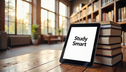 Tablet displaying "Study Smart" next to stack of books in library  