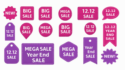12.12 Set of vector verity of colure starburst, sunburst badges. Simple vibrant flat style vintage labels, stickers with sale discount text. Sale quality tags and labels. Template banner shopping ads.