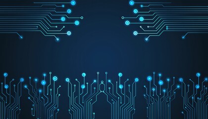 Futuristic circuit board design with glowing blue connections on dark background