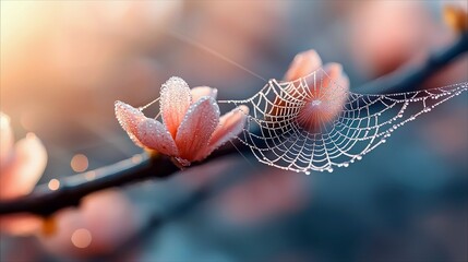 Close-up of a pink flower covered in water droplets with a spiderweb, set against a blurred background. The image has soft lighting and a dreamy atmosphere.