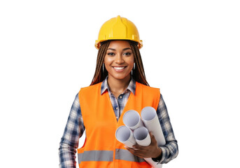 Smiling woman construction worker wearing yellow hard hat and orange safety vest holding blueprints isolated on transparent background
