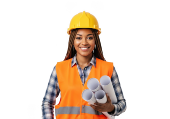 Smiling woman construction worker wearing yellow hard hat and orange safety vest holding blueprints isolated on transparent background