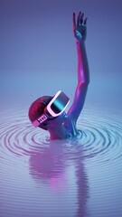 Futuristic virtual reality experience: person immersed in water wearing vr headset with vibrant colors