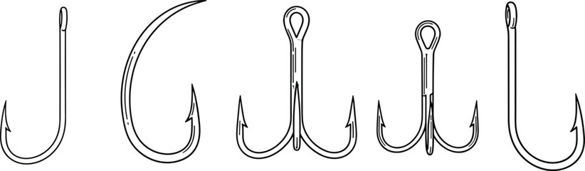 Fishing hook silhouette set, black and white icons, single, double, treble hook types, bait gear, angling equipment, tackle design