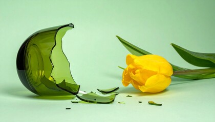 Broken Bottle  Yellow Tulip on Green.