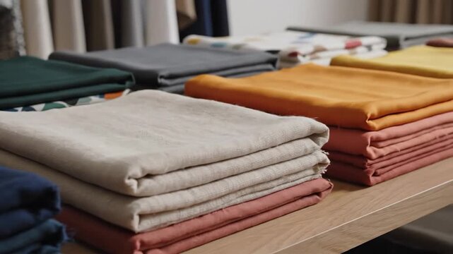 Folded fabric samples in assorted colors on display