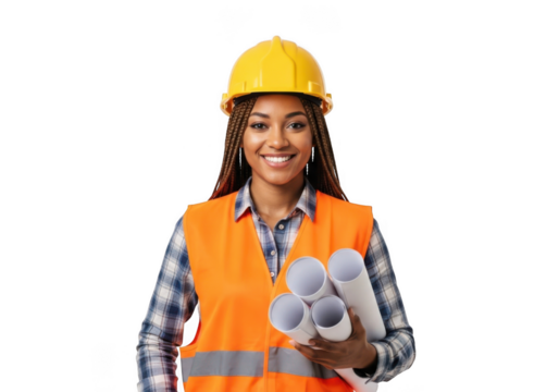 Smiling woman construction worker wearing yellow hard hat and orange safety vest holding blueprints isolated on transparent background - Powered by Adobe
