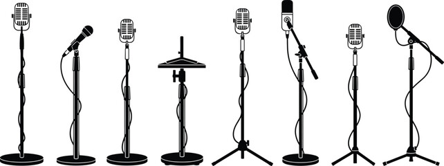 Microphone icon set, vintage and modern styles, audio recording, podcast, broadcast, dynamic, condenser, pop filter, boom arm © Santo's World
