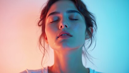 Woman with closed eyes illuminated by soft blue and pink lights. She embodies tranquility and beauty. Her face is serene with subtle makeup. The soft light creates a dreamy atmosphere.