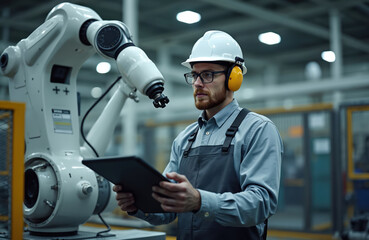 Robotics engineer works with industrial robotic arm. Technician in hard hat and safety gear uses tablet to program robot. Male worker in factory setting with automation equipment.