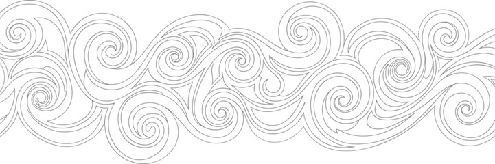 Swirling spiral pattern, abstract line art, black vector curves, dynamic loops, decorative background, rhythmic flow, artistic design element